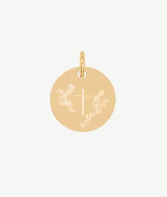 Médaille baptême 15 mm croix et lauriers Plaqué or